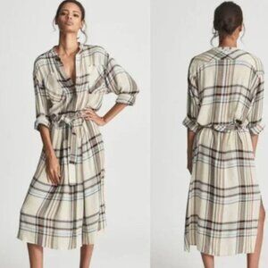 Reiss Lynn Plaid Long Sleeve Midi Shirt Dress in Cream Tartan, size 6.